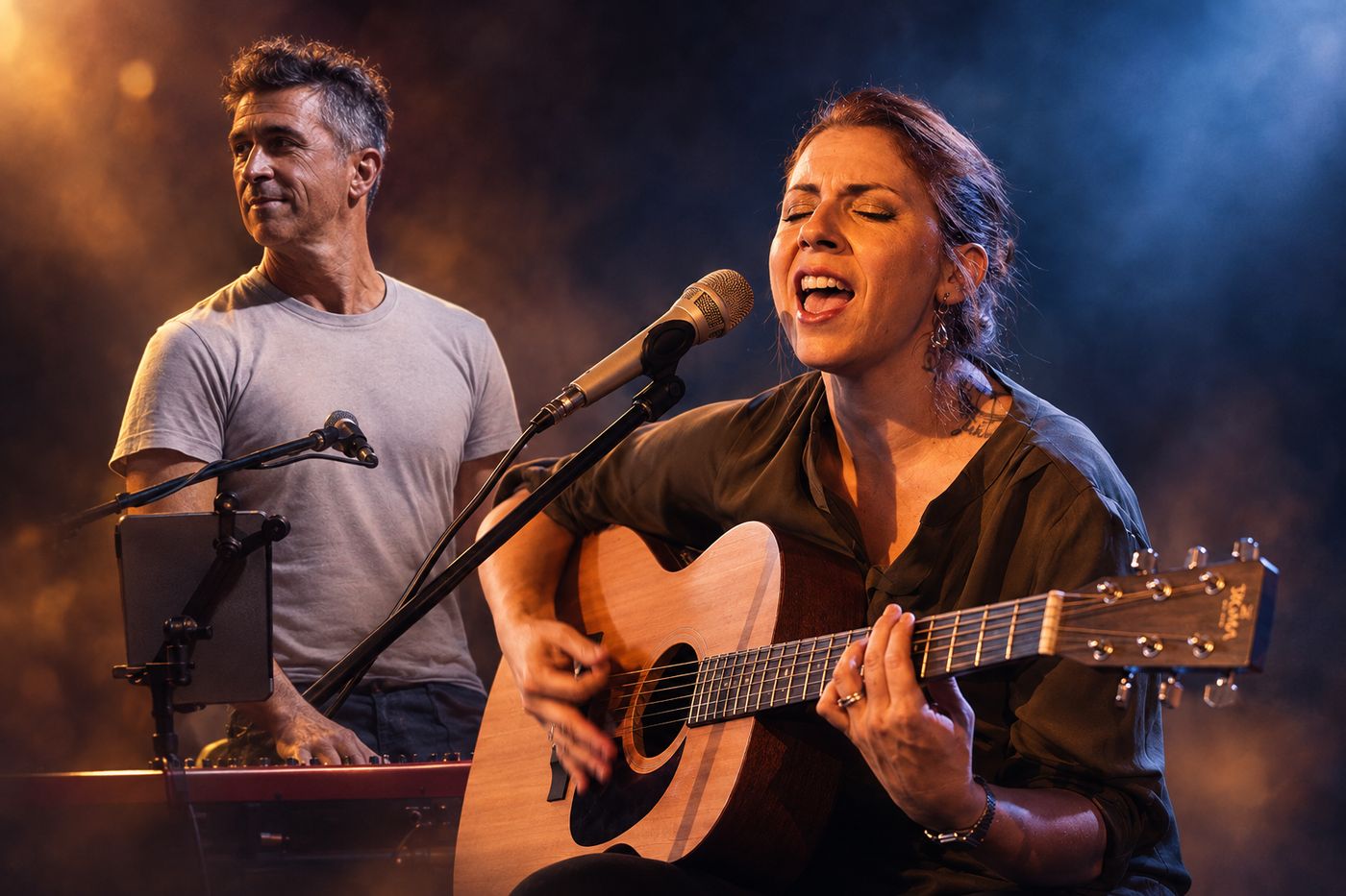 Lasimi canta alla chitarra acustica, con Giuseppe Cosseddu alle tastiere alle spalle